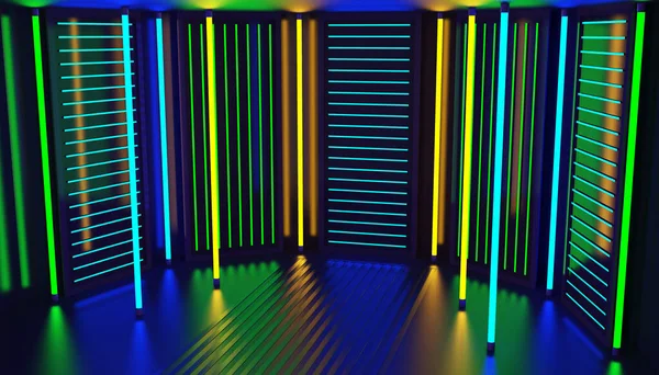 Neon glow party room abstract background. Night club interior. Glowing wall panels. 3d render.