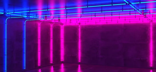 Neon room, concrete wall and floor, glowing neon tubes light, background, 3d render