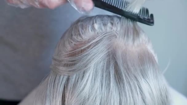 中年女性の白髪染め 主人は老人の白髪に絵を描く 櫛とブラシで毛の着色 — ストック動画