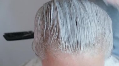 Orta yaşlı bir kadının gri saçlarını boyamak. Yakın plan..