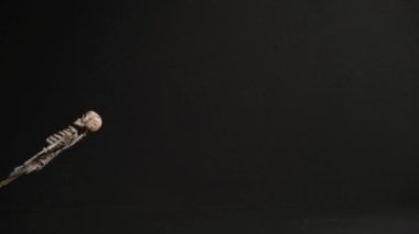 Askıdaki iskelet siyah arka planda soldan sağa doğru sürükleniyor. Cadılar Bayramı partisine hazırlanıyorum. Korkunç iskelet süslemesi karanlık bir zeminde sallanıyor. Mutlu Cadılar Bayramı..