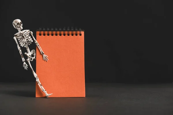 Siyah arkaplanda iskeleti olan boş turuncu bir defter. Tebrikler ya da davetiyeler için afiş. Cadılar Bayramı hazırlıkları için minimalist bir tatil tasarımı. Boşluğu kopyala.