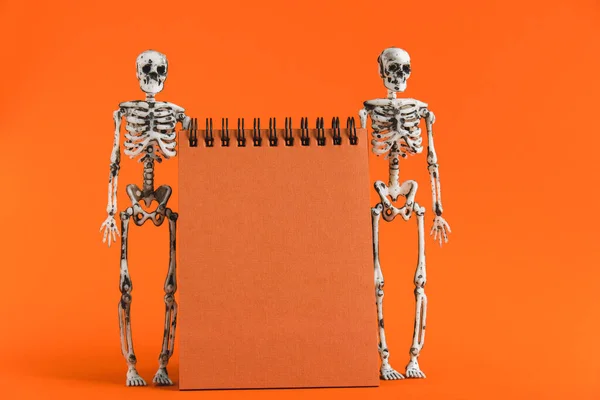 Minimalistic Holiday Design Halloween Preparations Blank Orange Notebook Orange Background — Stock Photo, Image