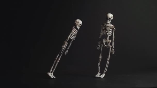 Two Suspended Skeletons Dance Black Background Preparing Halloween Party Scary — Stock Video