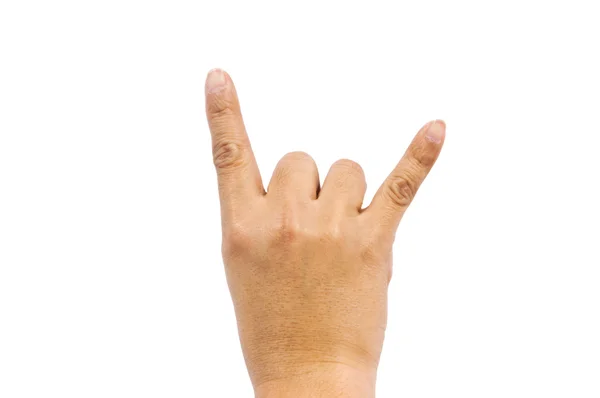 Mano de un hombre haciendo el signo de rock n roll — Foto de Stock