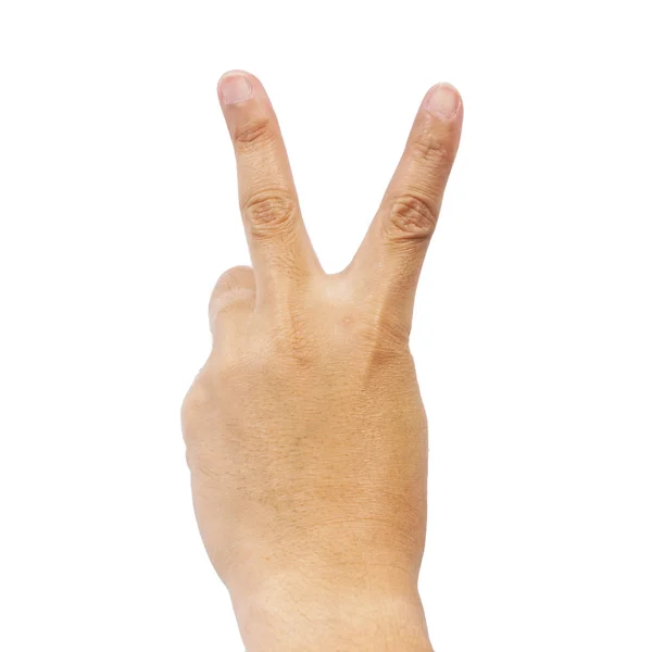 Mão mostrando o sinal v no fundo branco — Fotografia de Stock