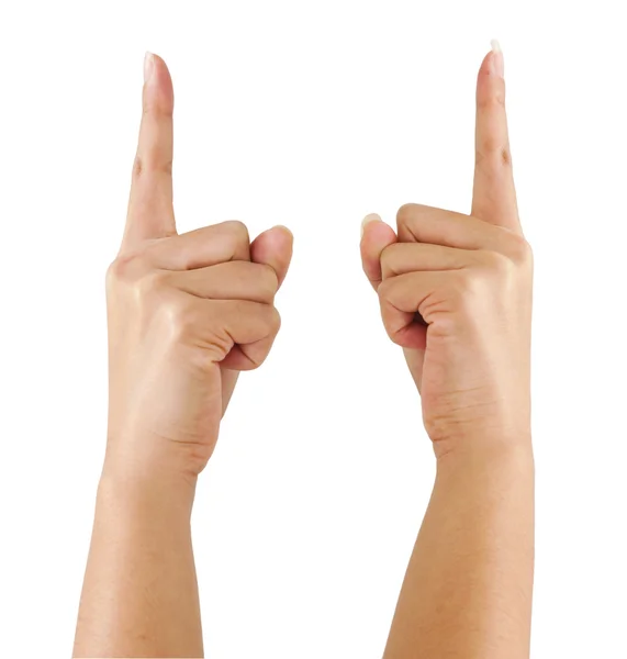Sinal de apontamento de duas mãos isolado no fundo branco — Fotografia de Stock