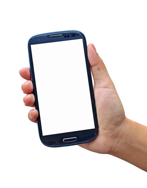Beyaz arka plan üzerinde izole boş smartphone tutan el
