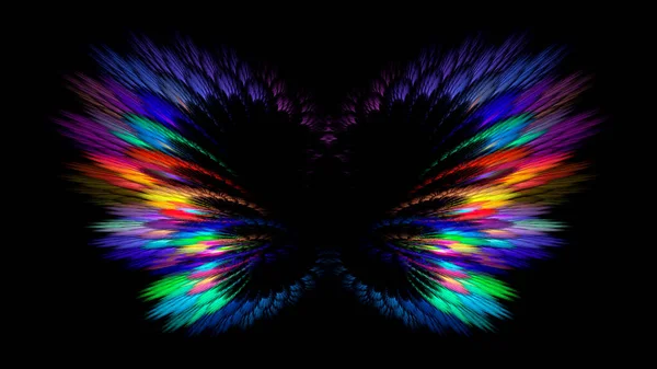 Kelebekli soyut fraktal renkli neon fon. Soyut kelebekler, kanatlar, tüyler. Yatay bayrak. Tasarım, yaratıcılık ve ekran koruyucular için kullanılır..