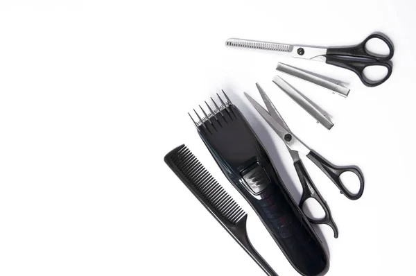 Hairdresser Items Scissors Comb Clipper White Background — Stock Photo, Image