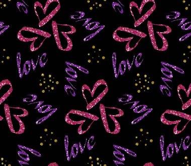 Pembe pırıl pırıl kalpler, el yazısıyla yazılmış aşk ve siyah üzerine altın noktalar içeren pürüzsüz bir arka plan. Sevgililer Günü için mükemmel. iSüs Pro ile dijital sanat oluşturuldu.