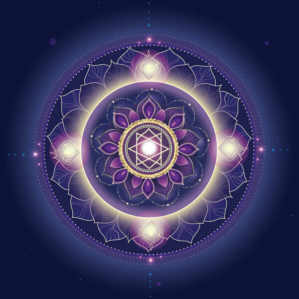 Hexagram Mandala  Lotus Radiance Crest. A glowing mandala featuring a central hexagram surrounded by layered lotus petals in purple and gold, set against a deep blue cosmic backdrop. 