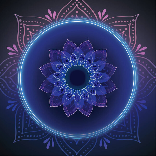 Neon Mandala  Star Geometry Bloom. A radiant mandala featuring a central star-like geometry formed by overlapping circles and polygons glows in neon blue and purple. Surrounded by layered petals and cardinal flourishes, it evokes cosmic harmony.