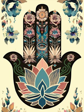 Vision and Bloom 'dan kutsal Hamsa Mandala. Merkezi gözü ve nilüfer köklü, güller ve ayçiçekleriyle çevrili stilize edilmiş bir Hamsa eli. Topraksı tonlar ve pastel renkler korumayı, berraklığı ve ruhani zarafeti çağrıştırıyor..