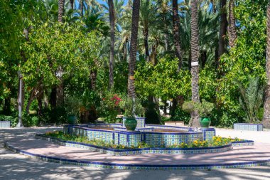 Valensiyalı cemaatinin Alicante ilindeki Elche Belediye Parkı 'nda bir çeşme. İspanya. Avrupa. Avrupa 'nın en büyük hurma ormanı. Şehrin dört bir yanındaki bahçelerde 200.000 palmiye ağacı bulunuyor..