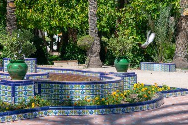 Valensiyalı cemaatinin Alicante ilindeki Elche Belediye Parkı 'nda bir çeşme. İspanya. Avrupa. Avrupa 'nın en büyük hurma ormanı. Şehrin dört bir yanındaki bahçelerde 200.000 palmiye ağacı bulunuyor..