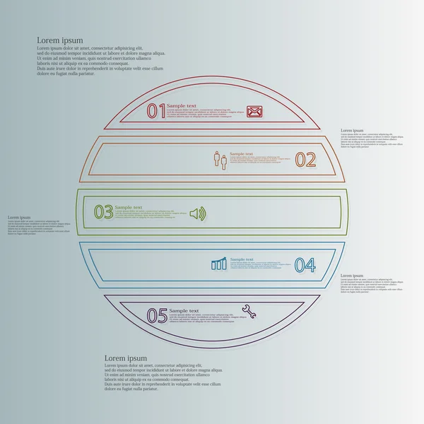 Infographic met cirkel onderverdeeld naar vijf kleur delen van dubbele contouren — Stockvector