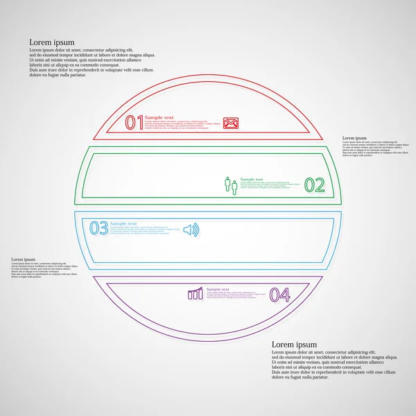 Infografía con círculo dividido en cuatro partes de color de contornos dobles — Vector de stock