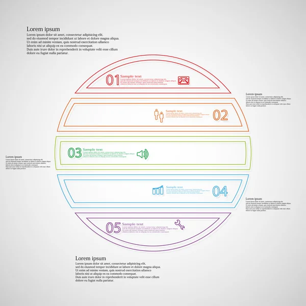 Infografía con círculo dividido en cinco partes de color de contornos dobles — Vector de stock