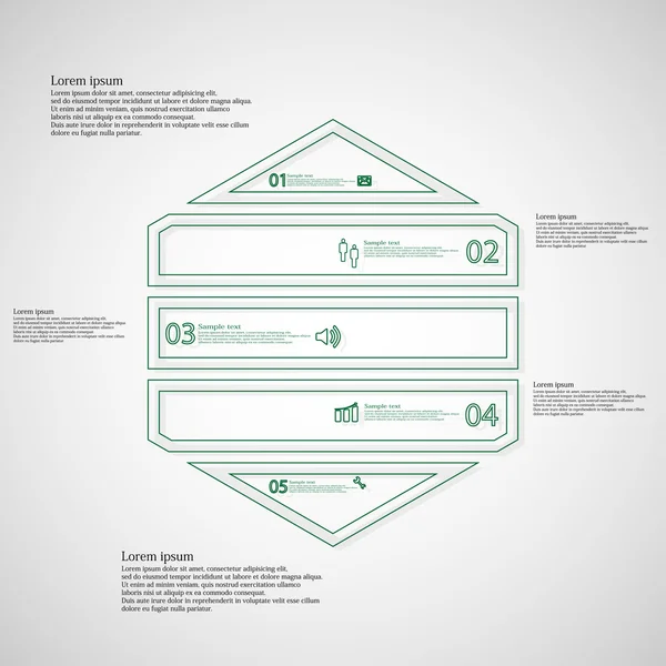 Zeshoek infographic sjabloon horizontaal verdeeld naar vijf delen van contouren — Stockvector