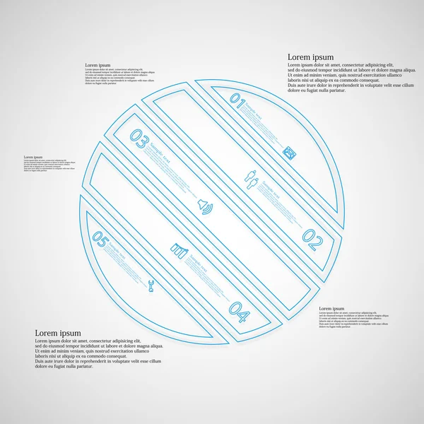 Cerchio modello infografica askew diviso in cinque parti dai contorni — Vettoriale Stock