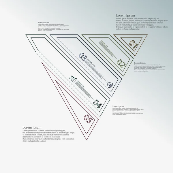 Modello infografico triangolo creato da cinque elementi a doppio contorno colore — Vettoriale Stock