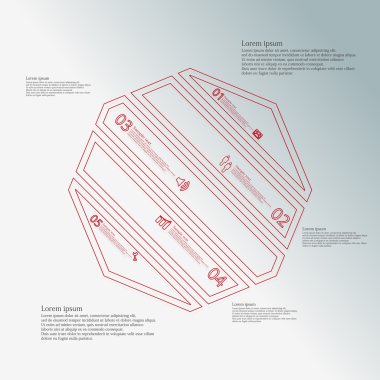 Sekizgen Infographic şablon çarpık beş kırmızı parçalara bölünmüş