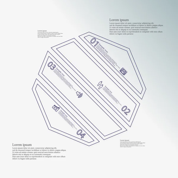 Octagon infographic sjabloon scheef verdeeld naar vier blauwe delen — Stockvector