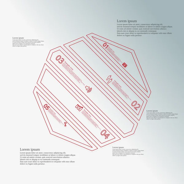 Octagon infographic sjabloon scheef verdeeld naar vijf rode delen — Stockvector