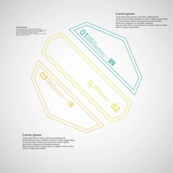 Modello infografico ottagono a vista diviso in tre parti di colore — Vettoriale Stock