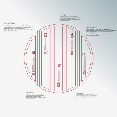 İllüstrasyon çember şablonuyla dikey olarak beş kırmızı bölümlerine ana hatları bölünmüş.