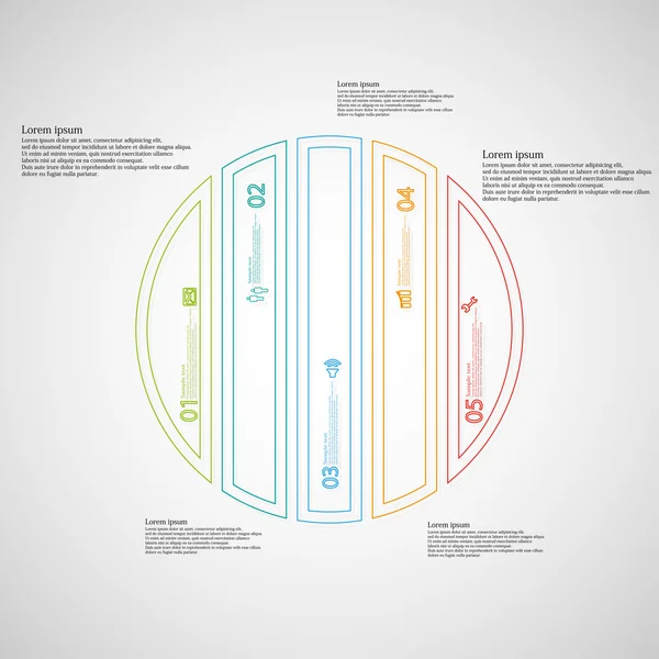Plantilla de ilustración con círculo dividido verticalmente en cinco partes de color de los contornos — Vector de stock