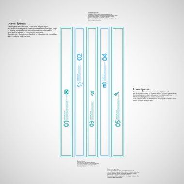 Çubuk İllüstrasyon bilgi grafiği şablonu, çift anahatlarla oluşturulan beş mavi parçaya bölünmüştür