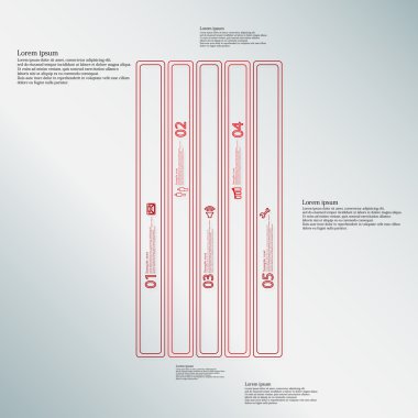 Çubuk İllüstrasyon bilgi grafiği şablonu, çift anahatlarla oluşturulan beş kırmızı parçaya bölünmüştür