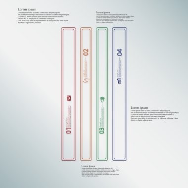 Çubuk İllüstrasyon bilgi grafiği şablonu, çift anahatlarla oluşturulan dört renk parçasına bölünmüştür