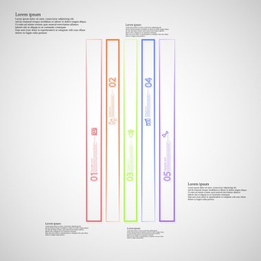Çubuk İllüstrasyon bilgi grafiği şablonu anahatlar tarafından oluşturulan beş renk parçasına bölünmüştür