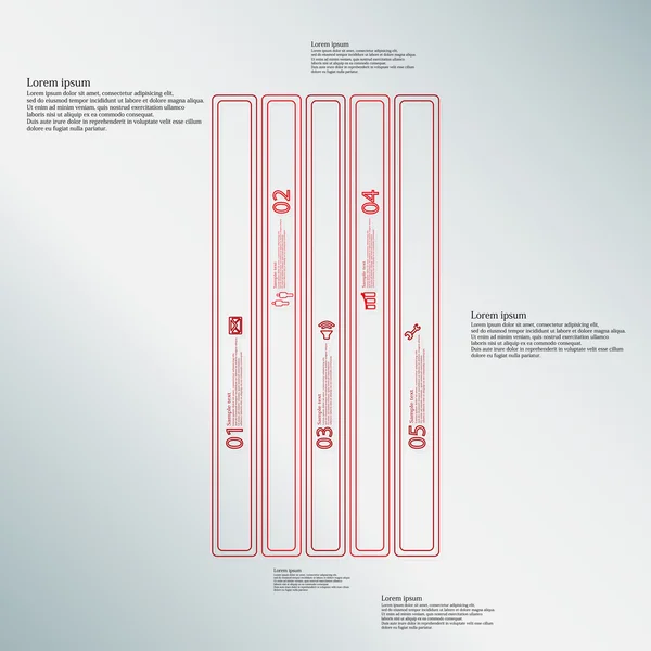 Szablon ilustracja Infografika podzielona na pięć czerwonych części utworzonych przez podwójne kontury — Wektor stockowy