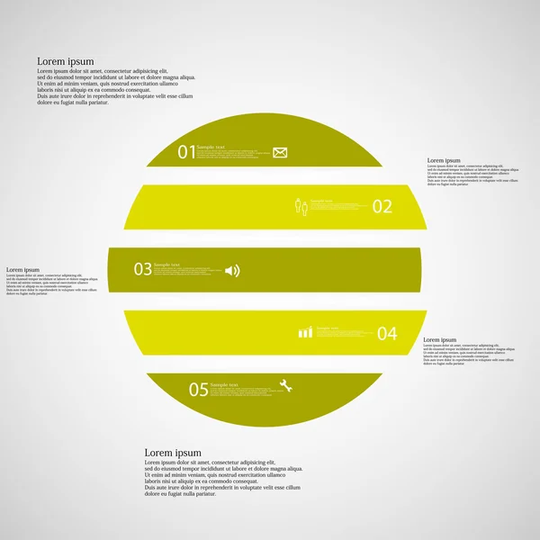 Cirkel er onderverdeeld naar vijf groene delen op lichte achtergrond — Stockvector
