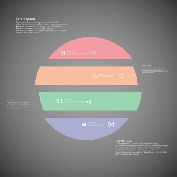 Plantilla de infografía circular dividida horizontalmente en cuatro partes de color sobre fondo oscuro — Vector de stock