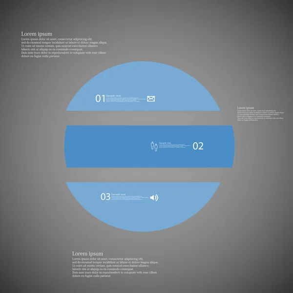 Plantilla infográfica circular dividida horizontalmente en tres partes azules sobre fondo oscuro — Vector de stock