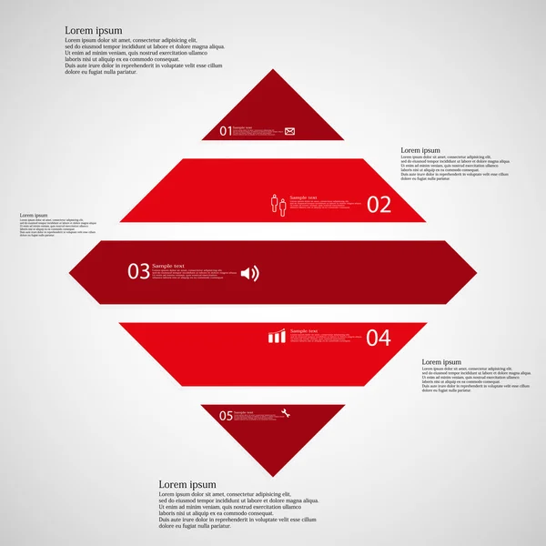 Rauten-Infografik-Vorlage horizontal aufgeteilt in fünf rote Teile auf hellem Hintergrund — Stockvektor