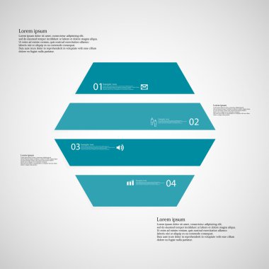 Altıgen Infographic şablonu, ışık arka plan üzerinde dört mavi bölümden oluşur