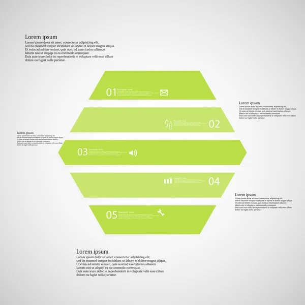 Modelo infográfico hexagonal consiste em cinco partes verdes no fundo claro — Vetor de Stock