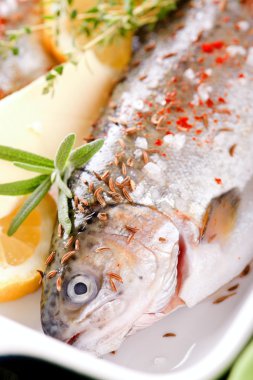 Ayrıntı buter limon ve biberiye ile seramik tavada alabalık