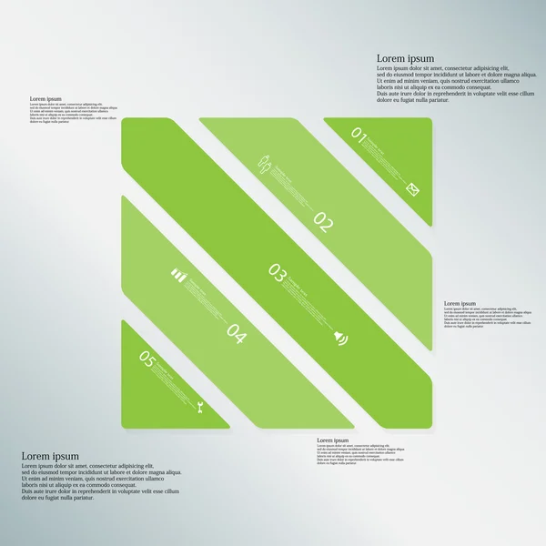 Vierkante illustratie sjabloon bestaat uit vijf groene delen op lichtblauwe achtergrond — Stockvector