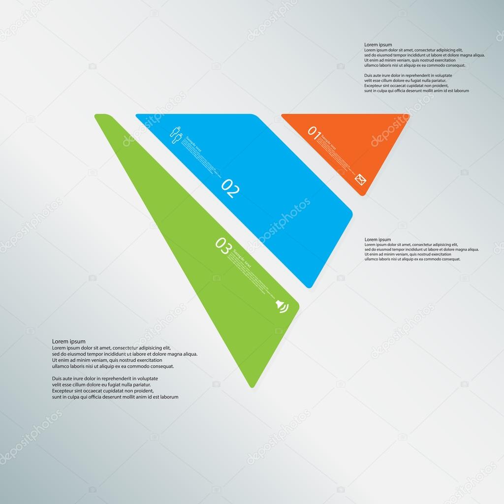 Triangle illustration template consists of three color parts on light-blue background
