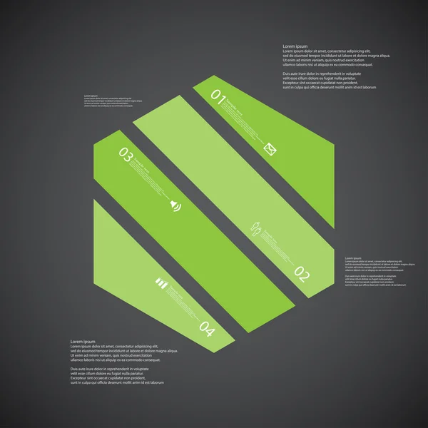 Zeshoek illustratie sjabloon bestaat uit vier groene delen op donkere achtergrond — Stockvector