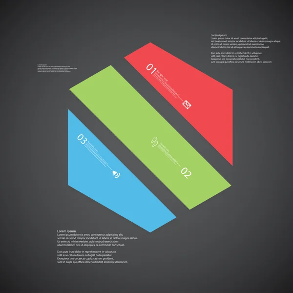 Modèle d'illustration hexagonal se compose de trois parties de couleur sur fond sombre — Image vectorielle