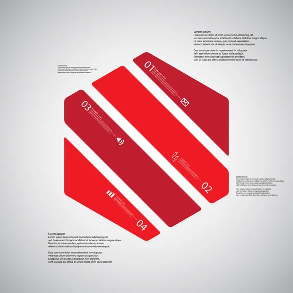 Hexagon illustration template consists of four red parts on light background — Stock Vector