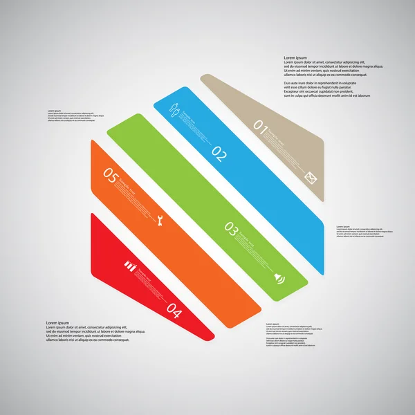 Modelo de ilustração hexágono consiste em cinco partes de cor no fundo de luz — Vetor de Stock